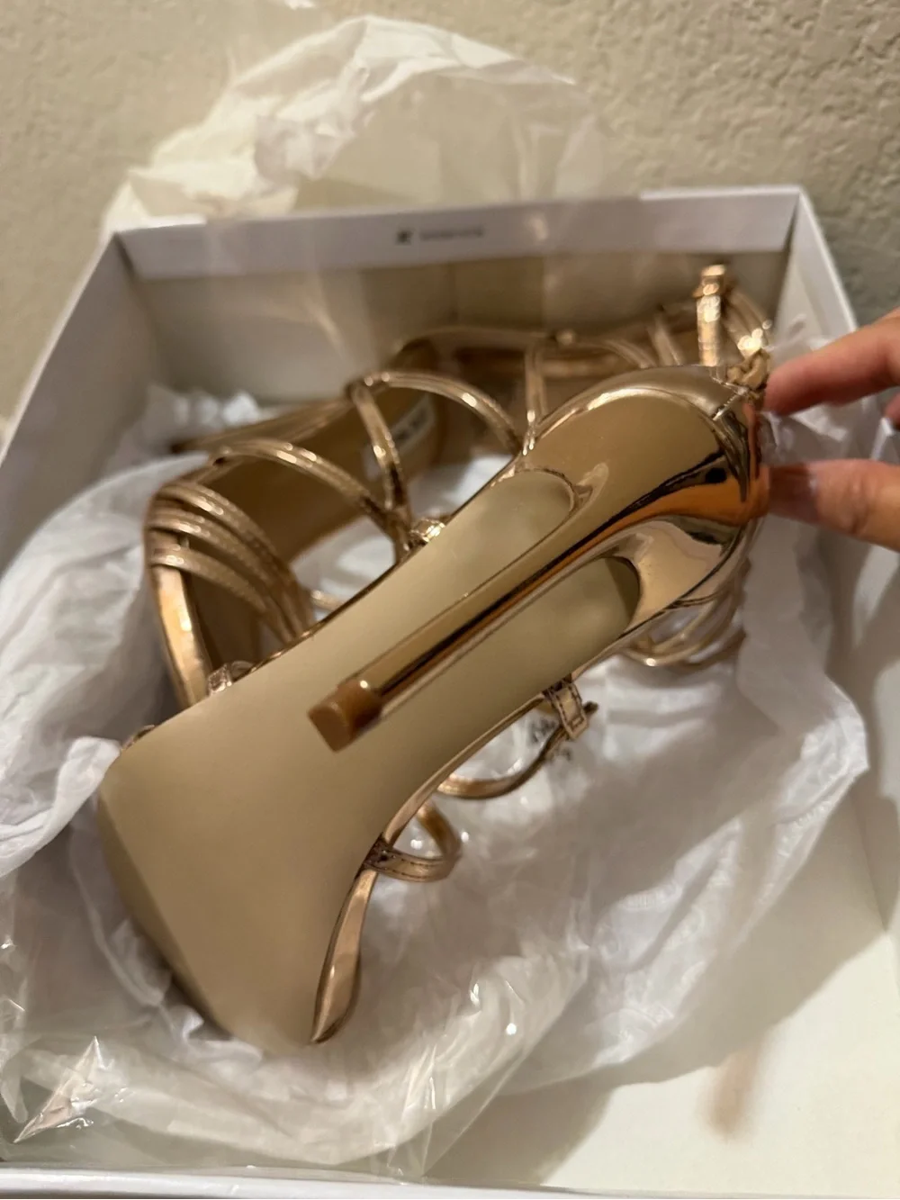 Steve Madden Metallic Rose Gold Strappy Cage Heels